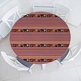 Ambesonne Runde, ethnische Tischdecke, peruanische Kultur, Muster von Volksmotiven und Streifendruck, rundum elastischer Stoff, 114,3 cm - 142,2 cm Durchmesser, rosa Zinnoberrot