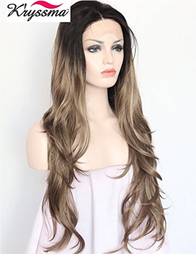 K'ryssma Ombre Brown Synthetic Lace Front Wigs for Women 2 Tone Dark Roots to Mixed Brown Synthetic Wig with Middle Part Long Natural Wavy Replacement Full Wig 24 inches