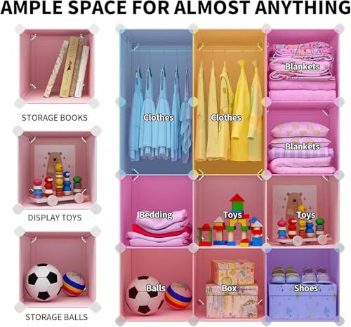 Image of Plastic Wardrobe for Kids, Baby Cupboard for Storage, 12 Cubes Almirah, Cupboard for Clothes, Collapsible Wardrobe for Baby Clothes /Toy /Book for Kids Bedroom -Pink -KTM2