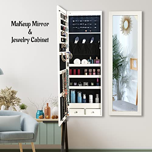 KEDLAN 6 LEDs Mirror Jewelry Cabinet, 43.3" H Lockable Wall/Door Mounted Jewelry Armoire Organizer with Mirror, 2 Drawers, White JC600 - Image 4