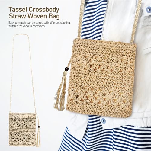 Woven Straw Shoulder Beach Bag for Women with Shell Tassel Decoration in Vintage Style, 8.6 x 6.7 inch4