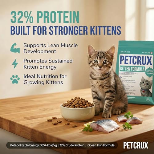 Image of Petcrux Dry Kitten Cat Food, Ocean Fish Flavor, with Omega 3 & 6 and Taurine, Complete & Balanced Nutrition for Growing Kittens, 1 kg