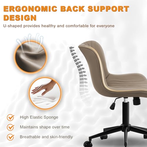 Image of Armless Office Chair, Height Adjustable Desk Chair with Wheels, Ergonomic Comfy 360 Swivel Home Office Computer Task Chair, Faux Leather Padded Cute Vanity Chair, Khaki
