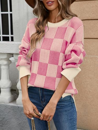 Image of Famulily Womens Long Sleeve Crew Neck Sweater Color Block Plaid Checker Pullover High Low Side Slit Pullover