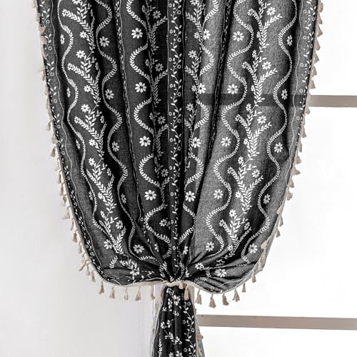 Image of Boho Curtains 84 Inch Long for Living Room, Bedroom, 2 Panels Floral Farmhouse Vintage Tassel Semi Sheer Light Filtering Privacy Window Curtain Drapes with Rod Pocket,Black