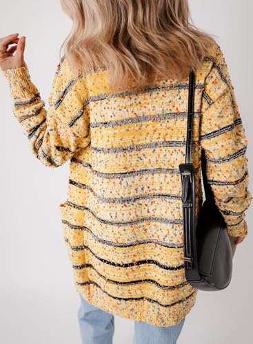 Chic Women's Beige Striped Pom Pom Knit Open Front Long Cardigan2