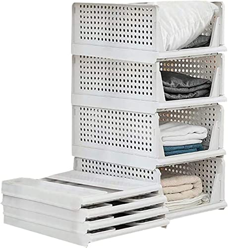 Image of RECLUSE Stackable Closet Drawers Set of 4 Stackable Foldable Wardrobe Storage Boxes Plastic Wardrobe Shelves Cupboard Organiser Box Pull Out Like a Drawer Suitable for Home Bedroom Kitchen