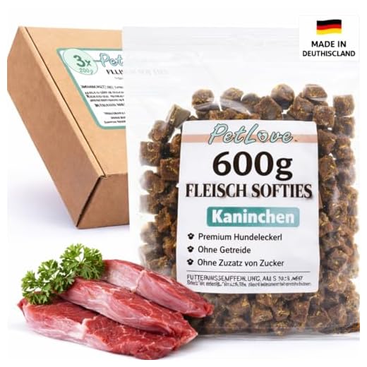 PetLove Premium Fleisch Softies Trainings-Leckerli mit hohem Fleischanteil – Getreidefreier Hundesnack - Kaninchen 3x200g