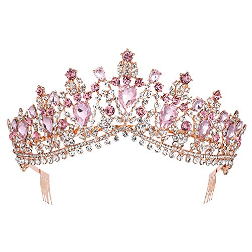 Royal Rhinestone Crystal Queen Tiara Headband Wedding Pageant Birthday Party Crowns Princess Headpieces for Women Girls (Rose Gold Pink)