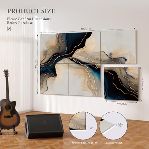 Image of JBER 6 Pack Art Acoustic Panels 47.2 inch x 27 inch, Black Gold Marble