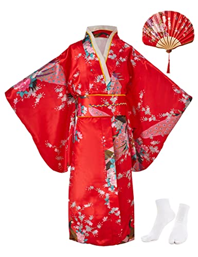 KRUIHAN Fille Kimono Gamins Traditionnel Vêtements Soie Tissu Peignoir Mariage Fête Performance Robe,Costume De Cosplay Ensemble avec des Éventails Pliants Et des Chaussettes Tabi,Rouge,130CM