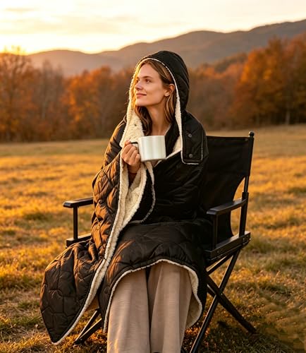 tomilk 12V Battery Powered Heated Camping Quilt Blanket with Detachable Hood, Cordless Wearable Blanket with 15000 mAh Battery, Up to 167°F Temperature with Overheat Protection