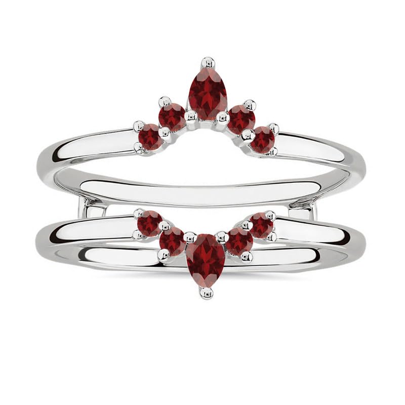 Red Garnet Crown Shaped Enhancer Guard For Women, 14k White Gold Finish Garnet Wrap Ring, Engagement Ring