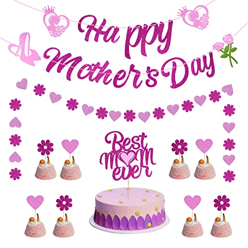 Tongcloud 11 Pcs Happy Mother's Day Decoration Set Mother's Day Cake Toppers Table Decorations And Happy Mother's Day Heart Banner Garland For Mother's Day Party Supplies #TOP9