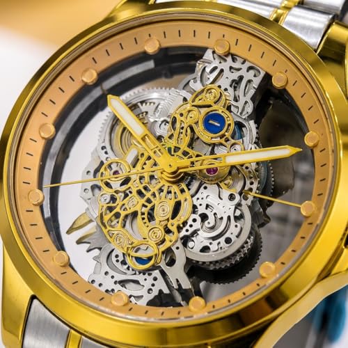 Image of Premium Skeleton Style Quartz Watch for Men - Luxury Two-Tone Gold & Stainless Steel Mechanical Look Analogue Wristwatch, Transparent Steampunk Dial, Fashion Dress Watch