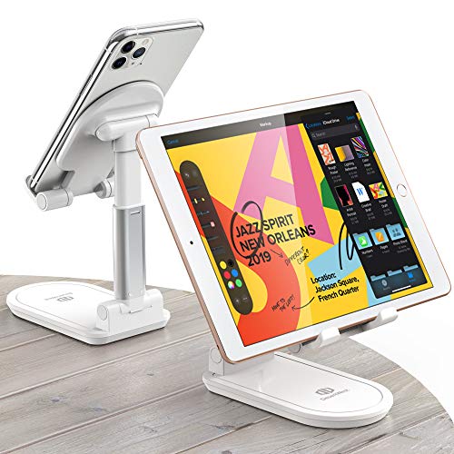 Handy Tablet Ständer, 【Einstellbare Höhe und Winkel】Zusammenklappbare Tisch Handy Halterung kompatibel mit 4-13inch Tablet/Handy usw. (Weiß)