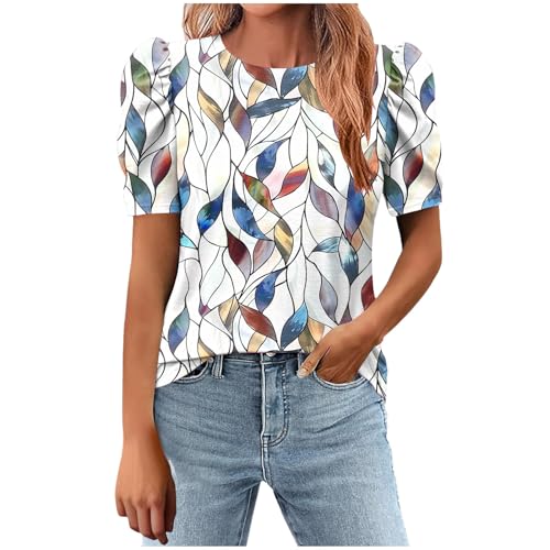 2025 Summer Casual Tops Cute Puff Short Sleeve Floral Shirts Trendy Round Neck Boho Blouses Clothes