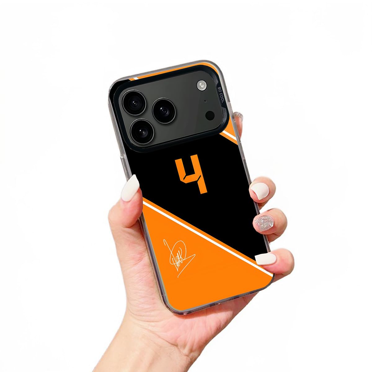 Custodia resistente per telefono, ispirata alle corse, compatibile con iPhone Pro Max, accessori per tuta da corsa, antiurto, custodia protettiva (F1 n. 4, arancione/nero)