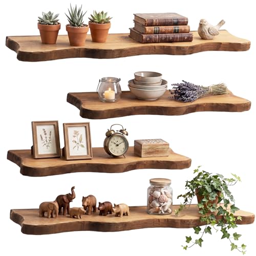 Pinkunn 4 Pcs Solid Live Edge Floating Shelves for Wall Rustic Wood Shelf Wall-Mounted Natural Shelves for Bathroom Bedroom Kitchen Storage Living Room Nursery Decor (23.62/35.43 Inch)