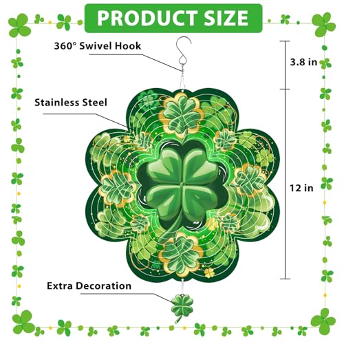 Image of St. Patrick's Day Wind Spinner, St Patricks Day Decorations Gifts for Women, 3D Shamrock Hanging Wind Spinners for Outdoor & Indoor Decor, 12 Inch Metal Wind Spinner for Garden Yard Home Ornament