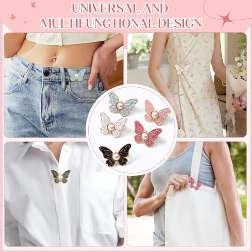 Image of TecoKart 5 Sets Butterfly Jean Buttons Waist Tightener for Loose Pants, No-Sew Adjustable Waist Buckle Clips, Detachable Decorative Jean Button Pins for Women's Jeans & Skirts