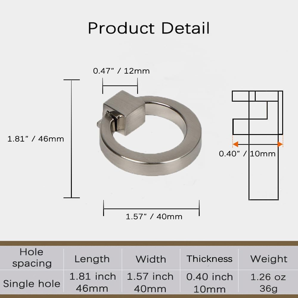 6 Pack Silver Cabinet Knobs 1.81" Drawer Pulls and Knobs Zinc Alloy Single Hole Handles for Dresser 46mm Circle Knob and Ring Pulls for Cupboard Bathroom Wardrobe Kitchen
