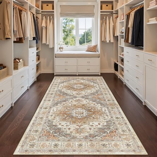 Madane Hallway Runner Rug 4x8 Wide: Washable Thin Runners for Hallways Entry, Non Slip Soft Vintage Kitchen Rugs Low Pile Carpet Runners for Living Room Bedroom Dining Room Foyer (Turmeric/Grey,4x8)