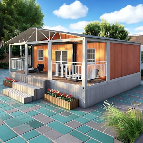 Pequeñas casas prefabricadas a la venta: contenedor plegable con porche y ventanas de vidrio de piso a techo, ideal para uso en vivienda o alquiler