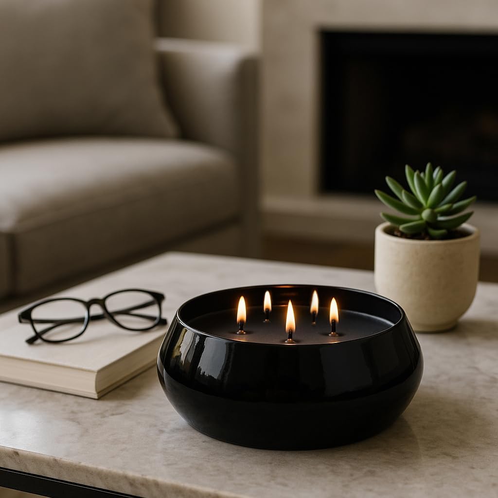 Decorative Glass Scented Candle for Men and Women - Modern Large Votive Candle for Indoor and Outdoor Spaces - Stylish Home Accent for Living Room, Bedroom, or Bathroom Decor - 3.5", Black