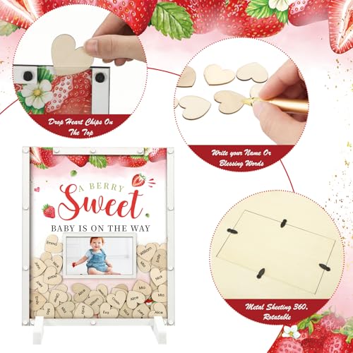 Image of Beeveer 65 Pcs Strawberry Baby Shower Guest Book Alternatives Baby Shower Sign in Guest Book Decoration with 1 Photo Frame 60 Heart Wood Slices for 60 Guests Strawberry Sonogram Frame Keepsake