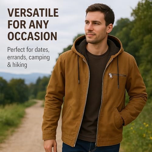 Generisch Wasserdichte, leichte Thermo-Fleecejacke mit Kapuze und Reißverschluss für Herren, ideal für Herbst und Winter, Wandern und Arbeiten im Freien (Camel,M)
