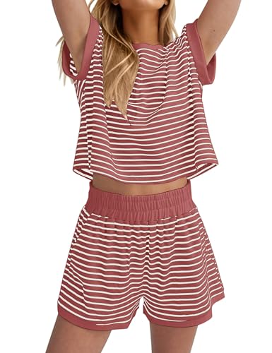 Image of Burtell Women Summer 2 Piece Lounge Sets Striped Short Sleeve Tee Shirts Mini Shorts Loungewear Shorts Set Ribbed Pajama Set