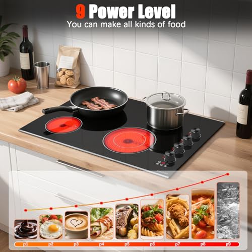 Image of Noxton Electric Cooktop 30 Inch, Knob Control 4 Burners Electric Stove Top with Glass Protection Metal Frame, Expandable Burner, Safety Lock, Timer, 6700W 240V Hard Wired(Black)