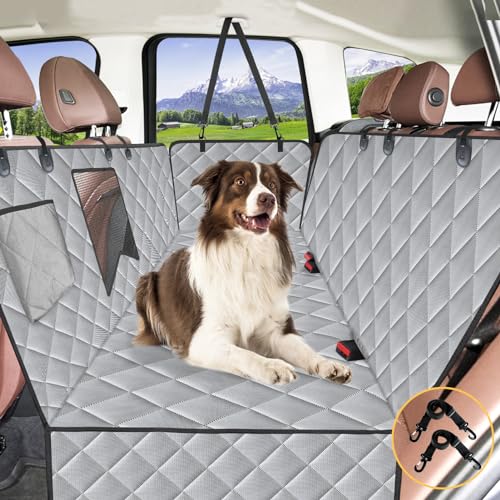 Kytely Dog Car Seat Cover for Back Seat, Waterproof Dog Car Hammock with Mesh Window, Anti-Scratch Nonslip Durable Soft Pet Dog Seat Cover for Cars Trucks and SUV Gray