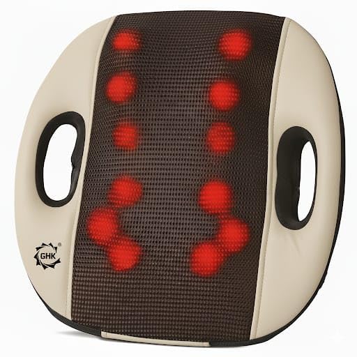 GHK H90 Shiatsu Back, Neck, Calf 12 Ball Multifunction Massage Cushion Machine for Car, Home & Office Use Car Adaptor & Electric Adaptor Inclusive (Cream colour)