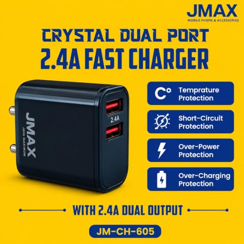 Image of Jmax 2.4A Dual USB Mobile Charger with Free Micro USB Cable | Fast Charging Dual USB Wall Charger Adapter | Smart IC Protection | Compatible with Nokia, Samsung, Lava, Jio, OnePlus, Realme, Oppo