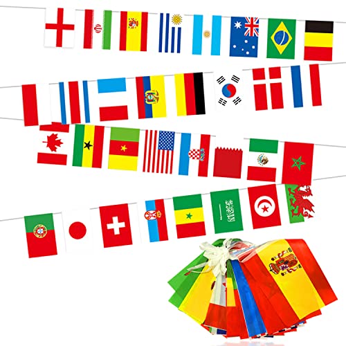64 bandiere di calcio della Coppa del Mondo, inclusi 32 paesi/regioni, bandiere colorate internazionali rettangolari da 10 m, adatte per feste di calcio e decorazioni per feste di strada. (14*21 cm)