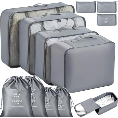MOOING 12Pcs Organizador de Maletas,Cubos de Embalaje,Impermeable Organizador Maleta Viaje,Bolsas de Embalaje para Maletas Para Ropa,Zapato,Cosméticos,Ropa Interior（Gris）