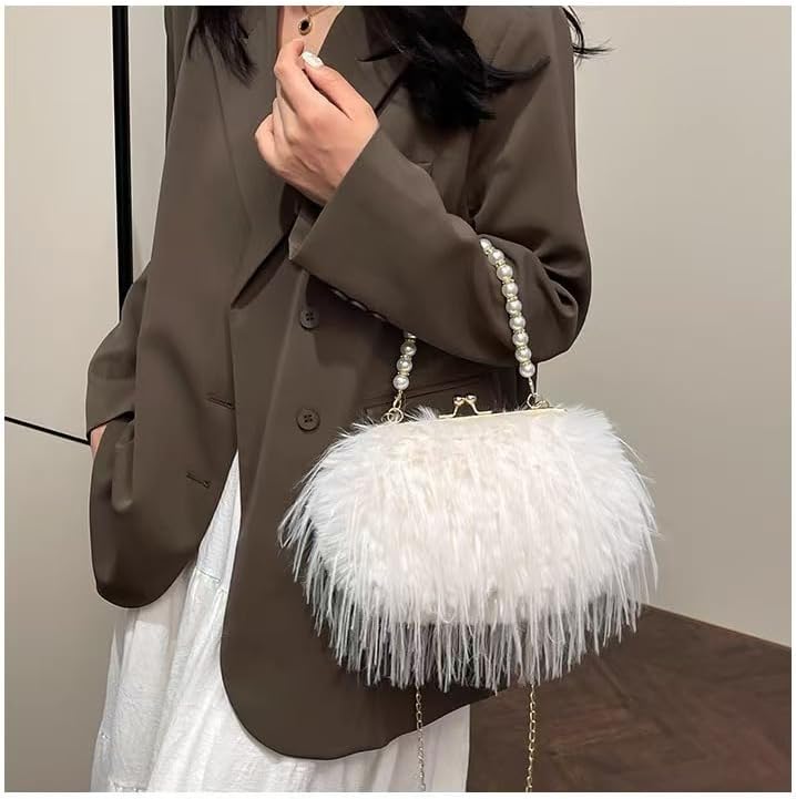 Women Pearl Ostrich Feather Tote Bag Fluffy Purse Clutch Feather Evening Handbag for WeddingParty(White) - Image 2