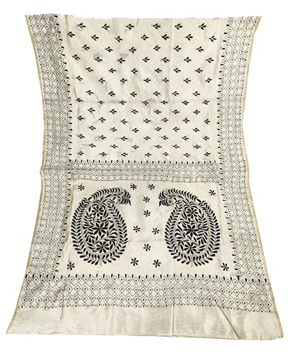 Image of SHRISTI CLOTHINGS Women's Hand Embroidered Cotton Silk Kantha Stitch Saree with Blouse Piece (SB430324 TWD71)