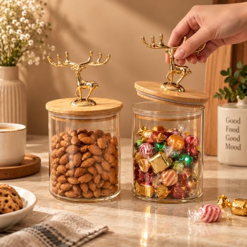 Image of bellemax 500ML Smoky Brown Glass Storage Jar with Airtight Bamboo Lid | Decorative Kitchen Storage Containers for Dry Fruits, Cookies, Candy, Snacks, Coffee, Tea, Sugar & Spices Set of 2