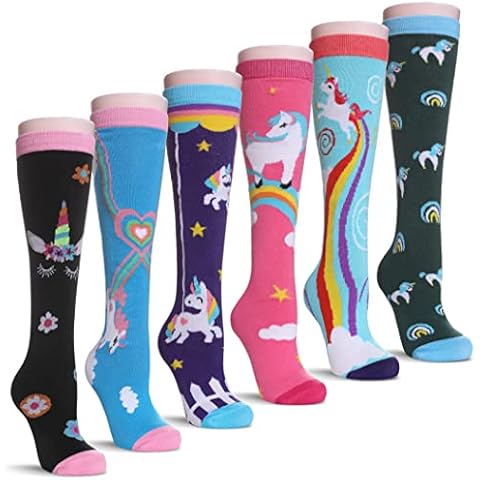 TRUEHAN 6 Pairs Girls Knee High Socks 3-12 Years Cartoon Animals Warm Cotton Long Tall Boot Socks (Unicorn D) Cover