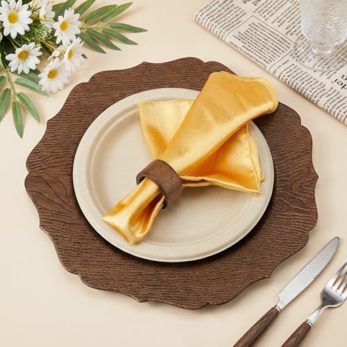 Havawish 12 Set 13" Rustic Brown Wooden Textured Acrylic Charger Plates with 12 Pcs Handmade Acacia Wood Napkin Ring, Farmhouse Round Charger with Scalloped Rim for Dining Weddings Party Table Decor