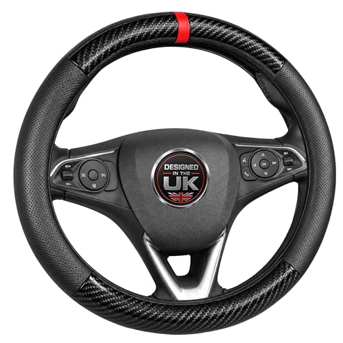 Velara Car Steering Wheel Covers Black Leather Steering Wheel Cover With Carbon Fibre Texture and Red Racing Stripe Anti-Slip Breathable Easy Install Universal Fit 14-15 Inch.