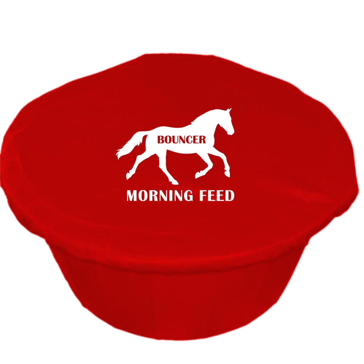 Personalised Horse Feed Bucket Covers, Multi-Coloured, Morning and Teatime Feed Design or Custom Text (White Vinyl, Red)