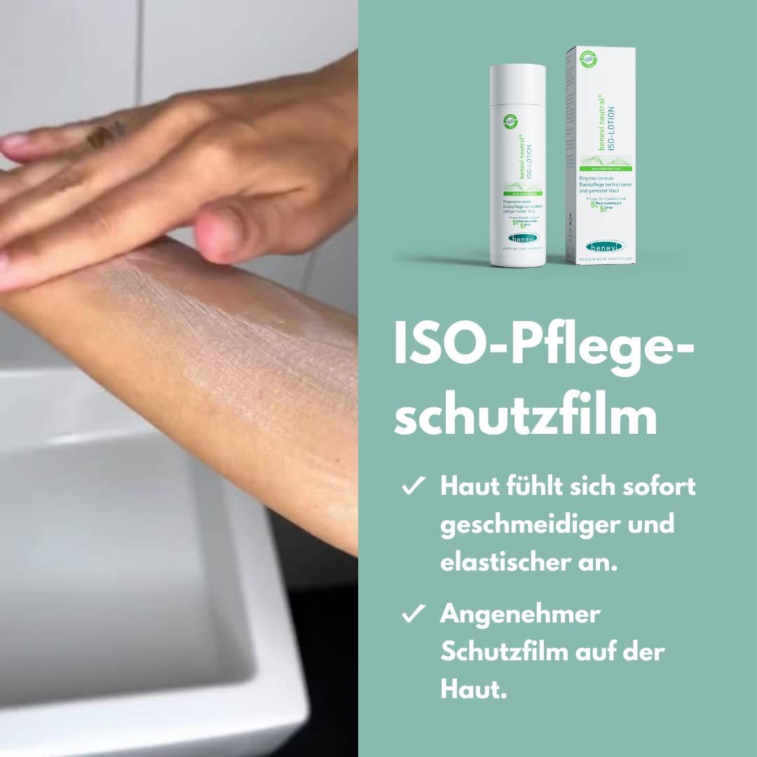 benevi neutral ISO-Lotion 200ml. Bodylotion für sehr trockene, rissige, empfindliche, juckende und schuppende Haut, hinterlässt angenehmen, pflegenden Schutzfilm.