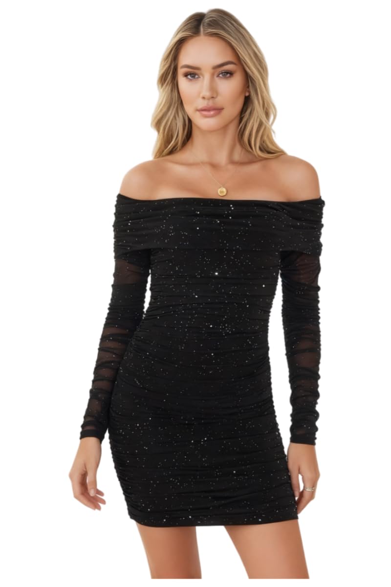 Womens Sexy Sequin Mesh Off Shoulder Long Sleeve Ruched Mini Bodycon Dress Glitter Silver Specks Party Club Cocktail
