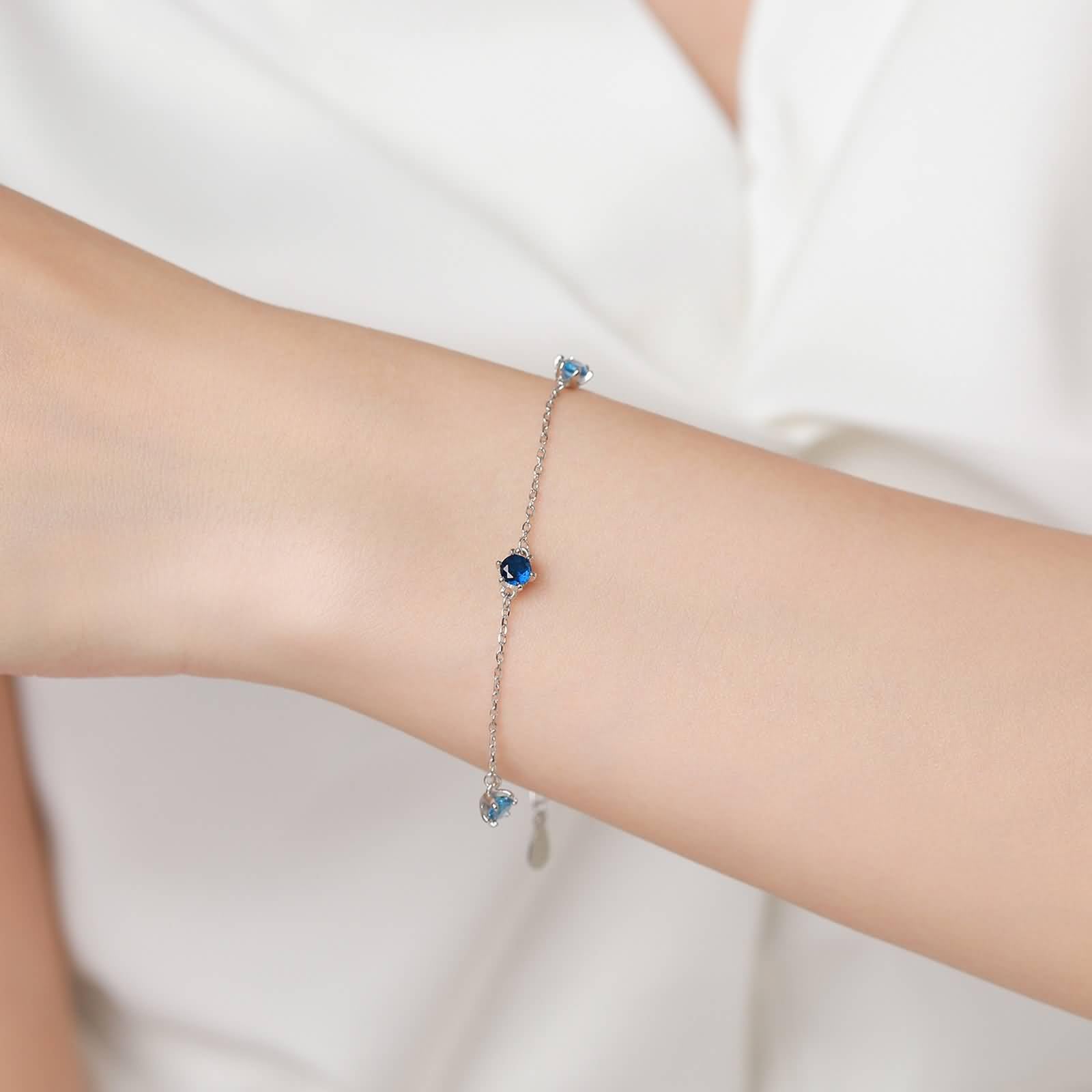 Pulseras de zafiro para mujer, ajustables, 0,25 quilates, zafiro sintético y topacio, pulsera de platino macizo de piedra azul simple para mujer, oro blanco de 9 K/14 K/18 quilates/PT950