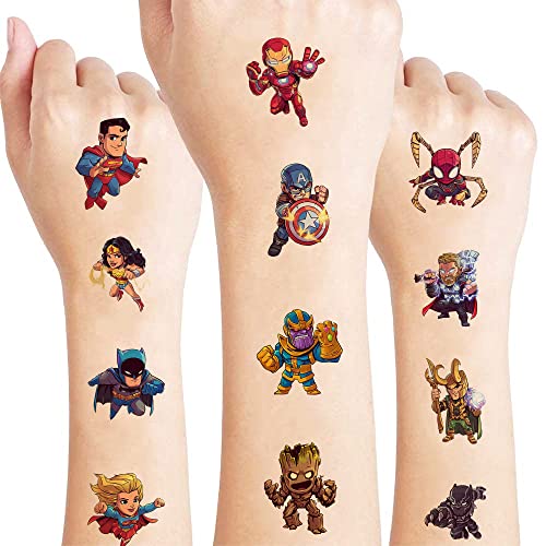 12 Sheets SuperHero Temporary Tattoos for Kids Anime Movies Cartoon Glow in The Dark 144 PCS Birthday Party Supplies Favors Cute Fake Tattoos Stickers Party Decorations for Kids Boys Girls Gifts
