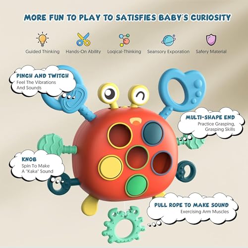 Image of Kidology Baby Montessori Sensory Toys | Silicone Pull String Crab Toy for Toddlers 6-18 Months | Fine Motor Skills & Hand Muscle Development | Travel Learning Activity & Birthday Gift for Boys & Girls